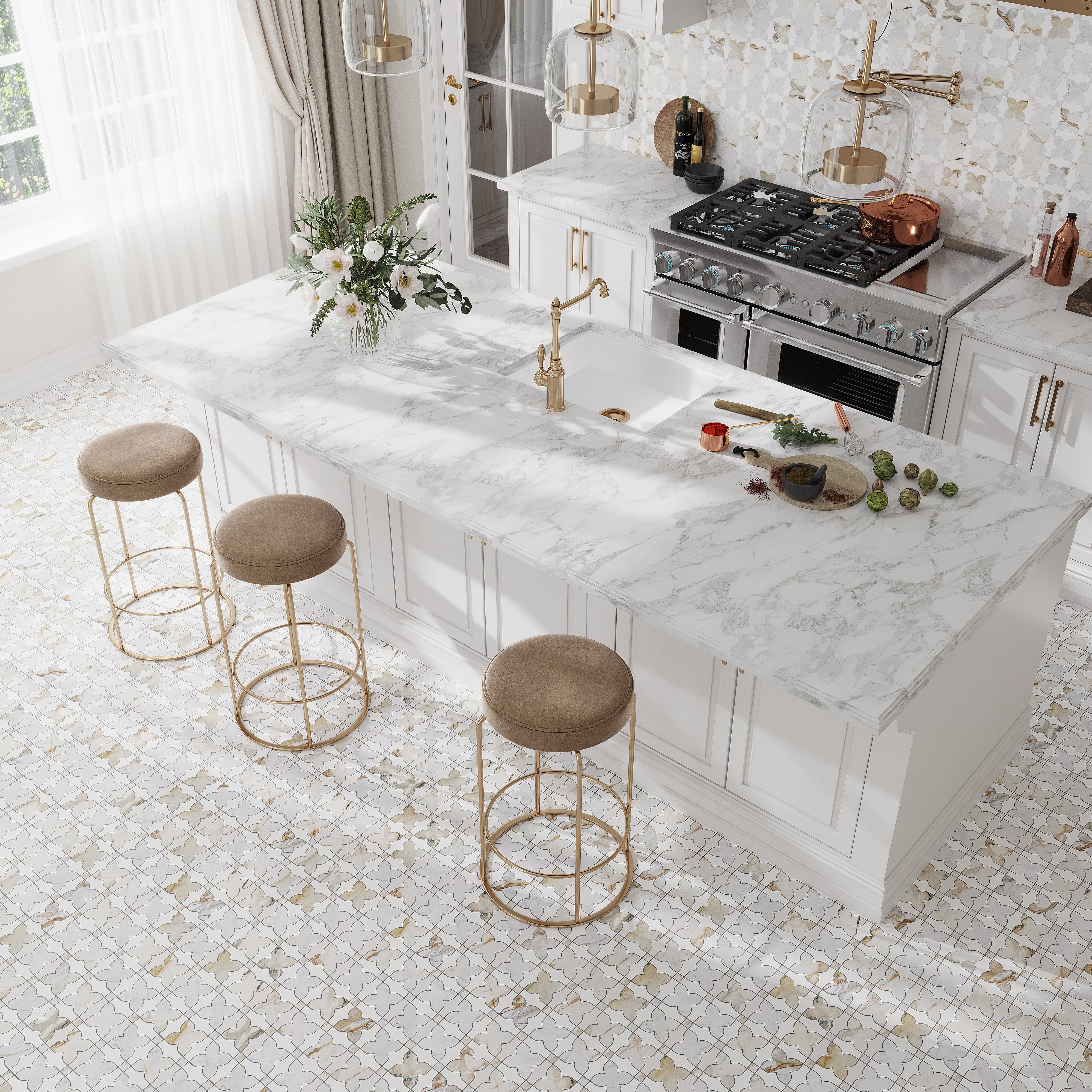 White Gray Gold 12x12 Polished Clover Dolomite, Carrara, Calacatta