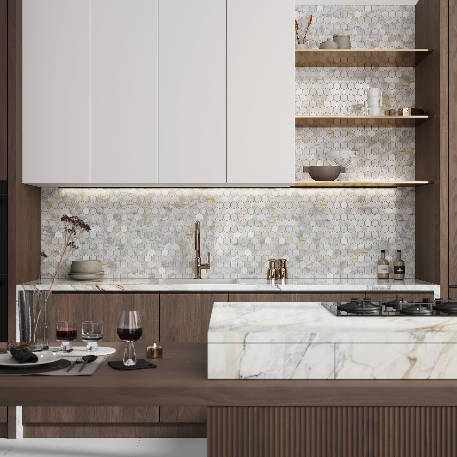 White Gray 12x12 Polished Hexagon Calacatta Gold Marble Mosaic Tile (5 pack, 4.83 sq ft/case)
