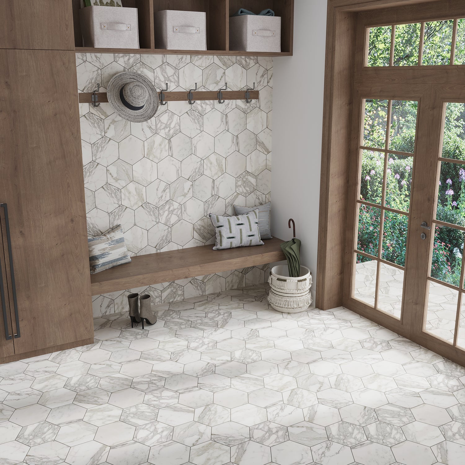 White Gray 10x10 Honed Hexagon Calacatta Gold Marble Tile (5 pack, 2.95 sq ft/case)