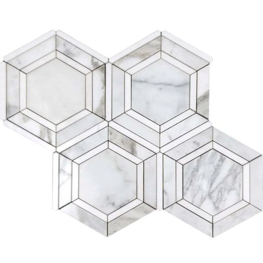 Serena 11x13 White Gray Calacatta Gold, Thassos Mosaic Hexagon Wall and Floor Tile (5 Pack, 5.4 sq ft/case) - Sample
