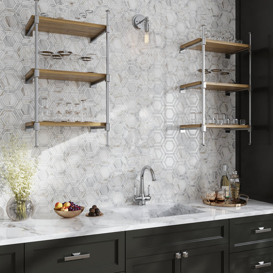 White Gray 11x13 Polished Hexagon Calacatta Gold, Thassos Mosaic Tile (5 pack, 5.4 sq ft/case)