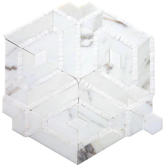 Serena 9x10 White Gray Calacatta Gold, Thassos Mosaic Tumbling cube Wall Tile (5 Pack, 3.28 sq ft/case) - Sample