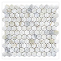 Polished hexagon mosaic tiles in white gray Calacatta marble with gold veining on mesh sheet
