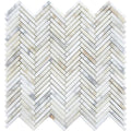 White gray Calacatta Gold mosaic tile arranged in 11x11 herringbone pattern for walls and floors