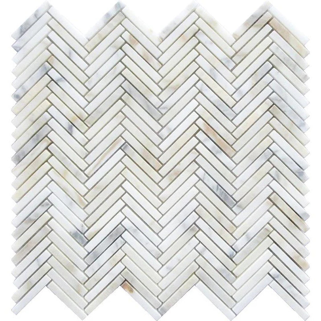Serena 11x11 White Gray Calacatta Gold Mosaic Herringbone Wall and Floor Tile (5 Pack, 4.2 sq ft/case) - Sample