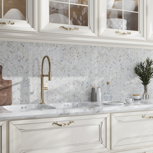 White Gray 11x11 Honed Herringbone Calacatta Gold Mosaic Tile (5 pack, 4.2 sq ft/case)