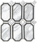white gray Calacatta marble octagon mosaic tile with Thasso and Lagos Azul accents in polished finish