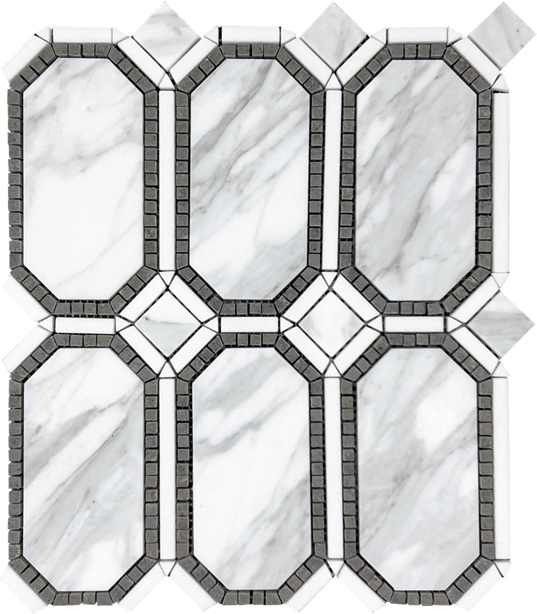 white gray Calacatta marble octagon mosaic tile with Thasso and Lagos Azul accents in polished finish