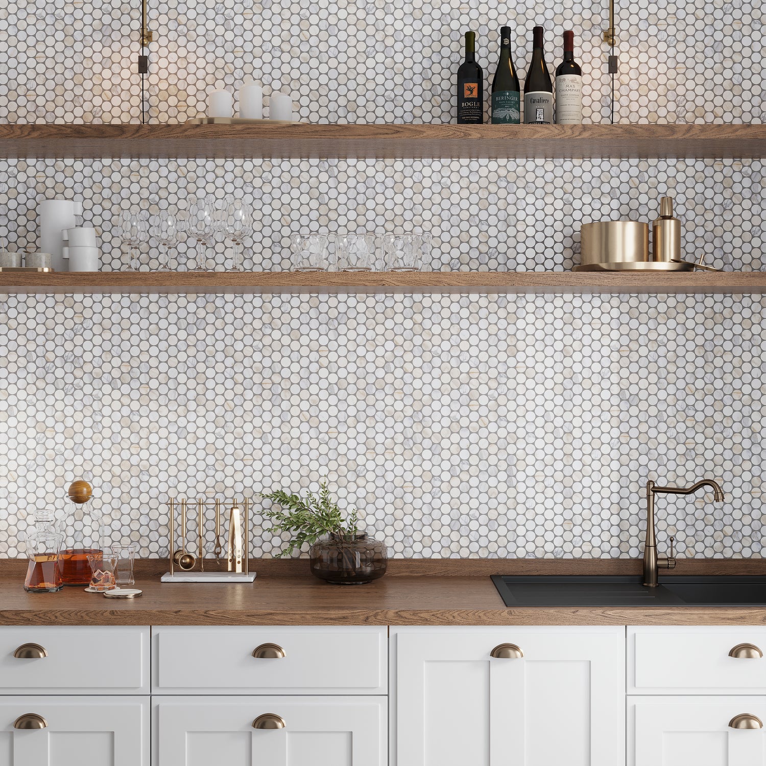 White Gray 11x12 Penny Round Polished Marble Mosaic Tile (5 pack, 4.47 sq ft/case)