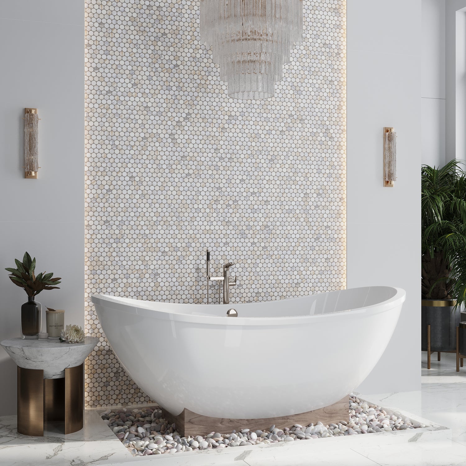 White Gray 11x12 Polished Penny Round Marble Mosaic Tile (5 pack, 4.47 sq ft/case)