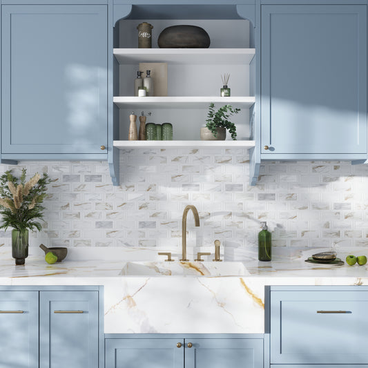 White Gray 10x12 Polished Framed Brick Calacatta Gold, Thassos Mosaic Tile (5 pack, 4 sq ft/case)