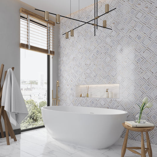 White Gray 9x11 Polished Framed Diamond Calacatta Gold, Thassos Mosaic Tile (5 pack, 3.53 sq ft/case)