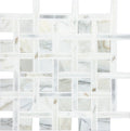 White gray polished basketweave mosaic tile with Calacatta gold and Thassos marble accents