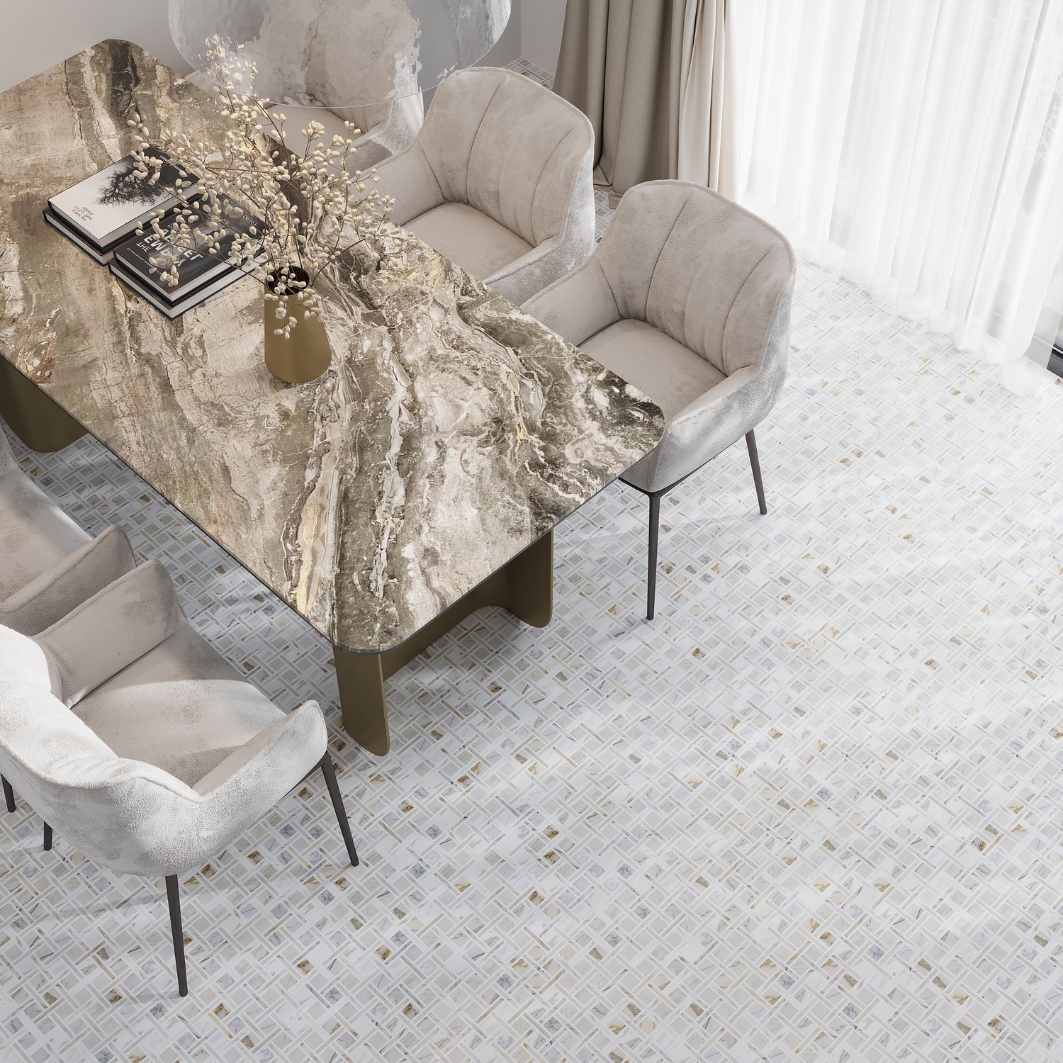 White Gray 12x12 Polished Basketweave Calacatta Gold, Thassos Mosaic Tile (5 pack, 5 sq ft/case)