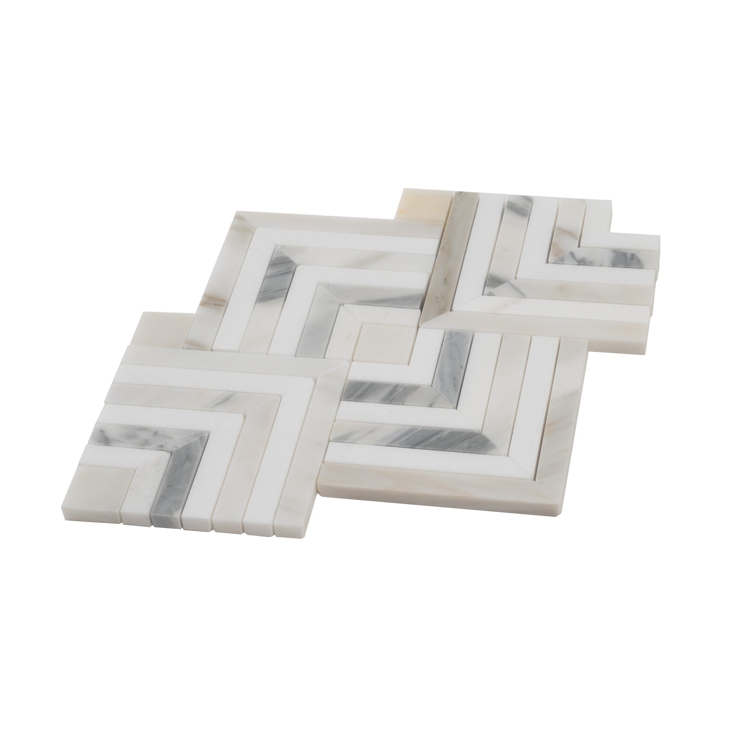 white gray polished chevron mosaic tile with calacatta gold and thassos marble accents