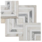 White and gray polished chevron mosaic tile with Calacatta Gold and Thassos accents for wall and floor