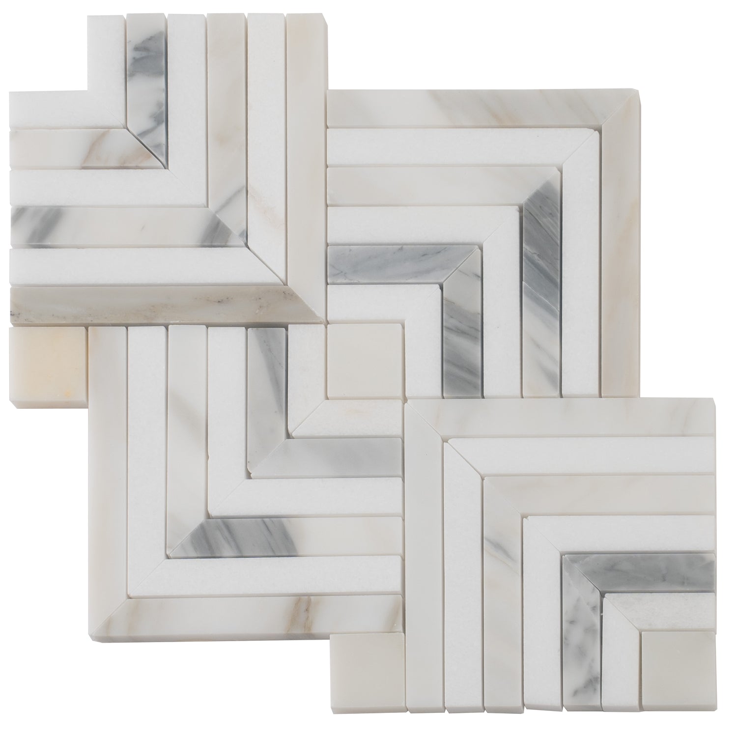 White and gray polished chevron mosaic tile with Calacatta Gold and Thassos accents for wall and floor