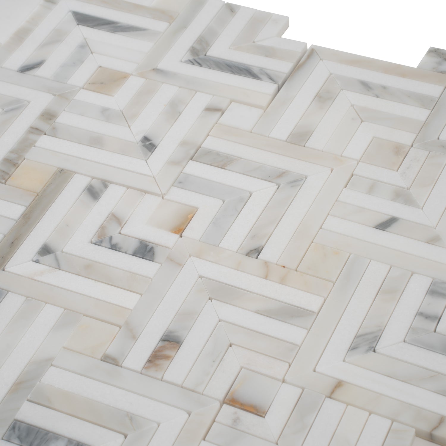 Polished 10x10 chevron mosaic tile with white, gray Calacatta Gold and Thassos marble pieces