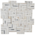 White gray polished Calacatta gold chevron mosaic tile with Thassos marble accents, 10x10 pattern