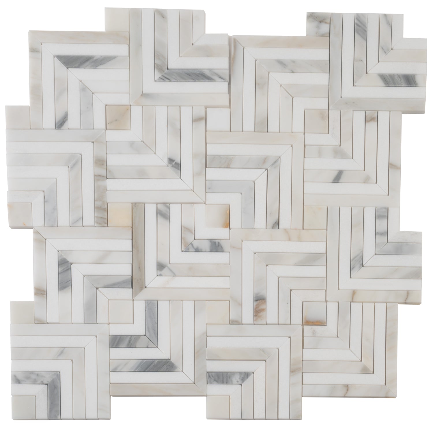 White gray polished Calacatta gold chevron mosaic tile with Thassos marble accents, 10x10 pattern