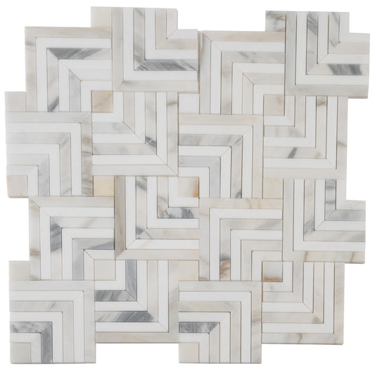 Serena 10x10 White Gray Calacatta Gold, Thassos Mosaic Chevron Wall and Floor Tile (5 Pack, 3.47 sq ft/case) - Sample