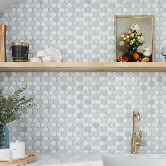 Thassos, Blue Celeste, Paper White 12x12 Polished Hexagon Marble Mosaic Tile (5 pack, 4.83 sq ft/case)