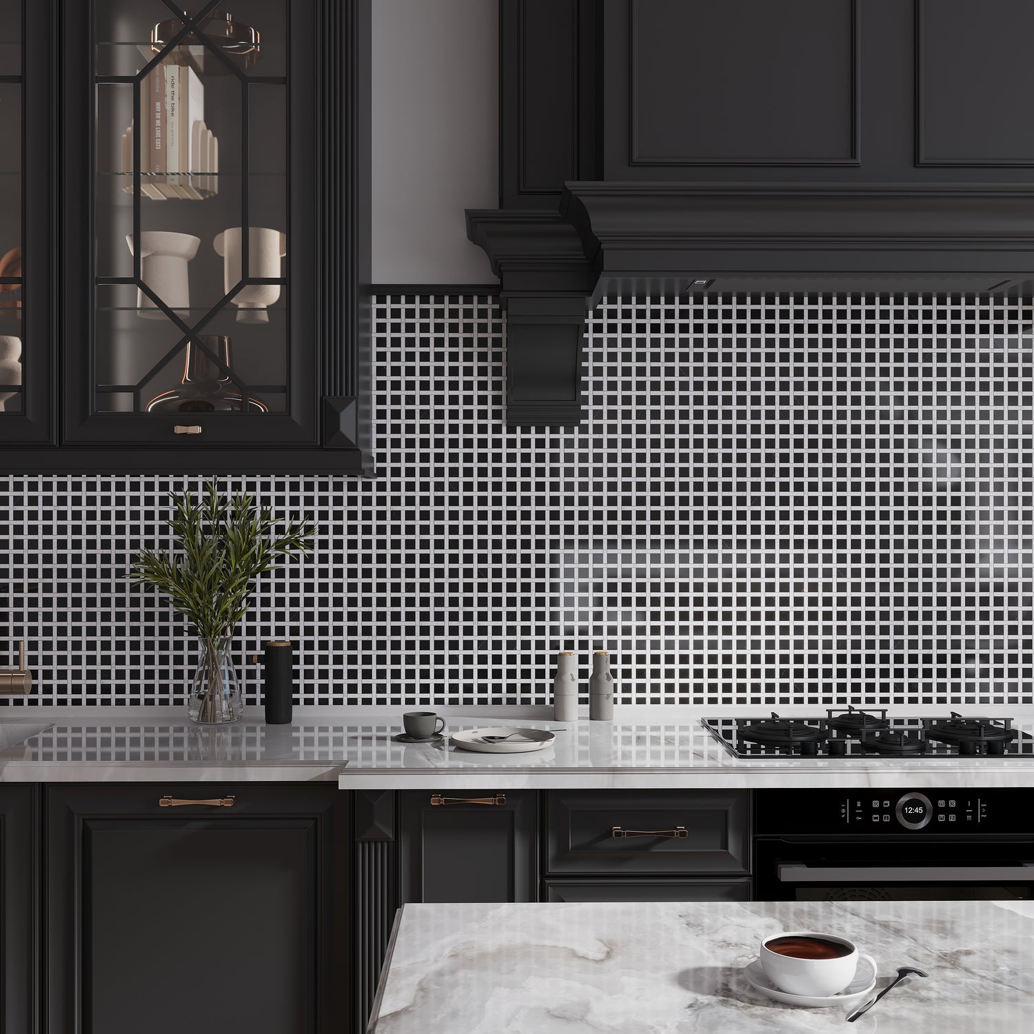 Eastern Black White 12x12 Polished Basketweave Marble Mosaic Tile (5 pack, 5 sq ft/case)