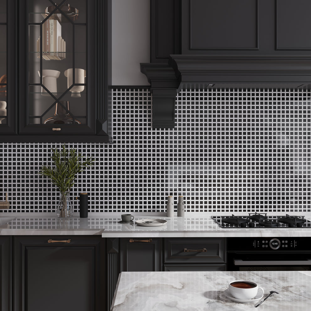 Basketweave tile pattern in Eastern Black White Polished Marble Mosaic Tile