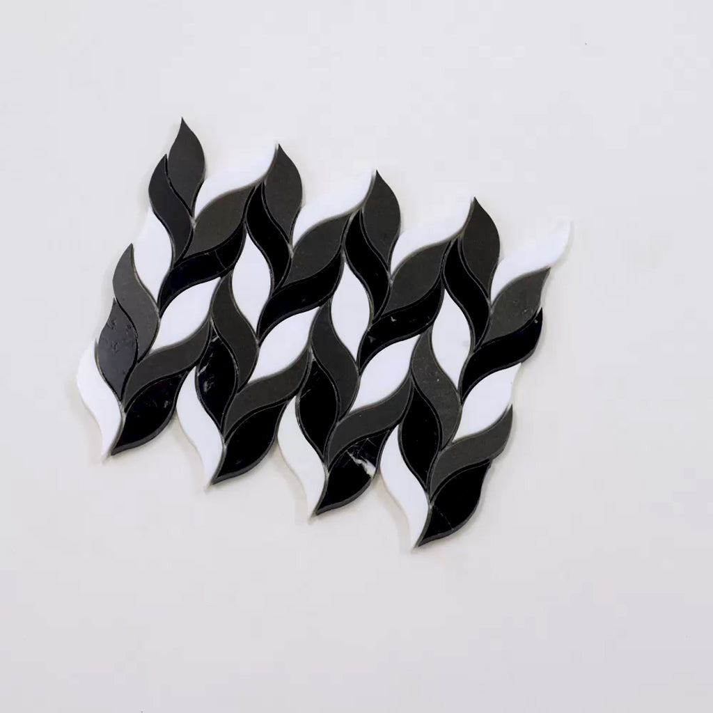 Black White 10x12 Polished Leaves Marble Mosaic Tile (5 pack