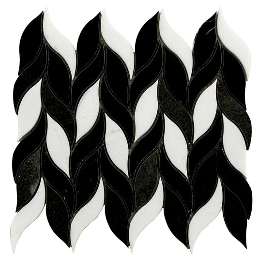 Noir Luxe 9.6 in. x 12.2 in. Polished Black and White Marble Mosaic Leaf Wall and Floor Tile (4.07 sq ft/case) - 5 Pack