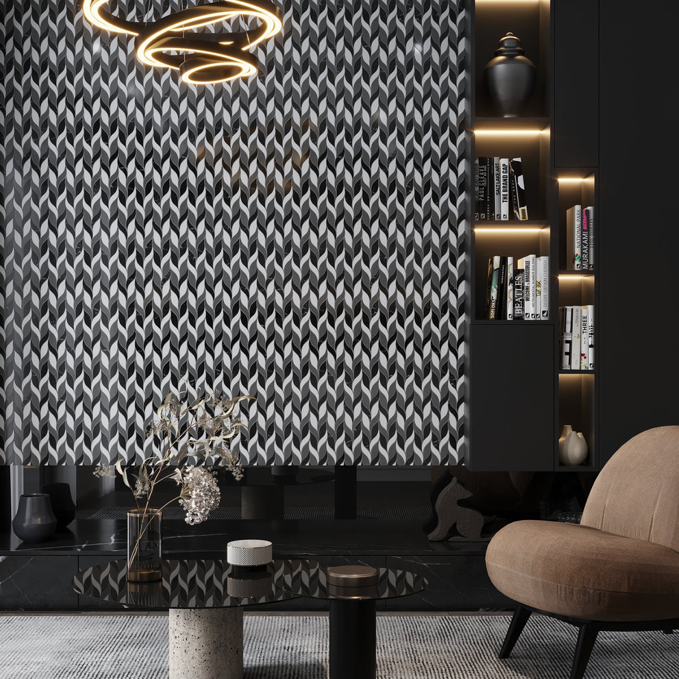 Eastern Black Thassos Basalt Polished Leaves Marble Mosaic Tile in a luxurious leaf pattern