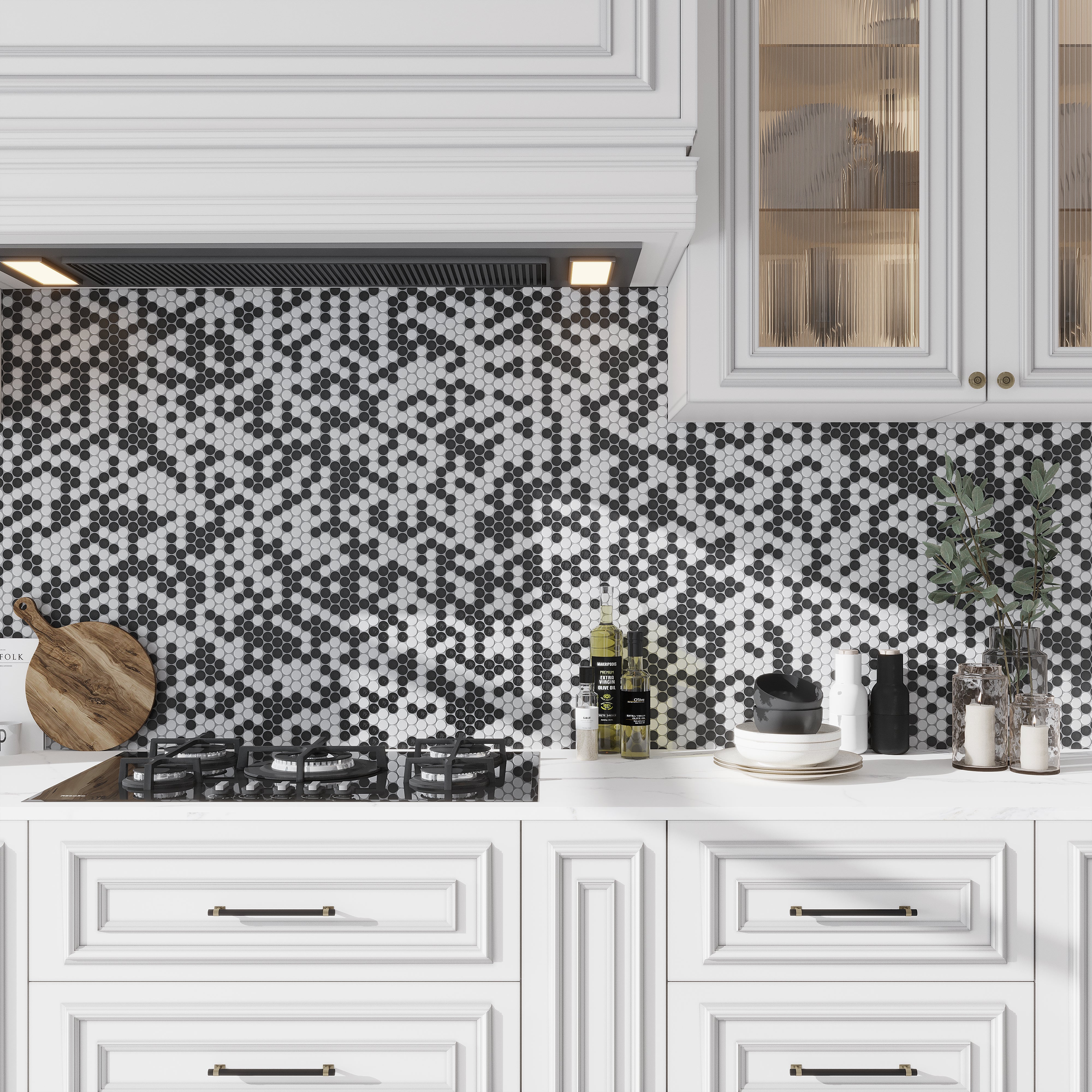 Tumbled penny round marble mosaic tile in contrasting black and white palette