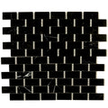 Polished black marble mosaic tile sheet with rectangular brick pattern and small white accent squares