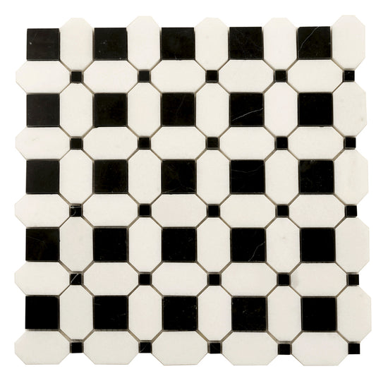 Noir Luxe 12.1 in. x 12.1 in. Polished Black and White Marble Mosaic Octagon, Square Wall and Floor Tile (5.08 sq ft/case) - 5 Pack