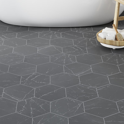 black matte hexagon porcelain floor tile with marble texture, 8x9 inches, bathroom flooring