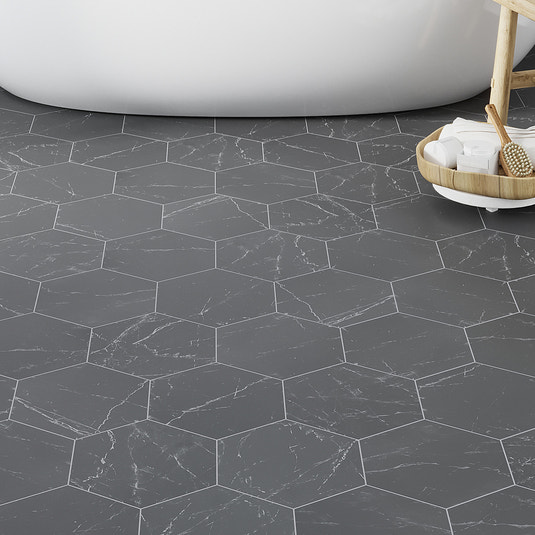 black matte hexagon porcelain floor tile with marble texture, 8x9 inches, bathroom flooring