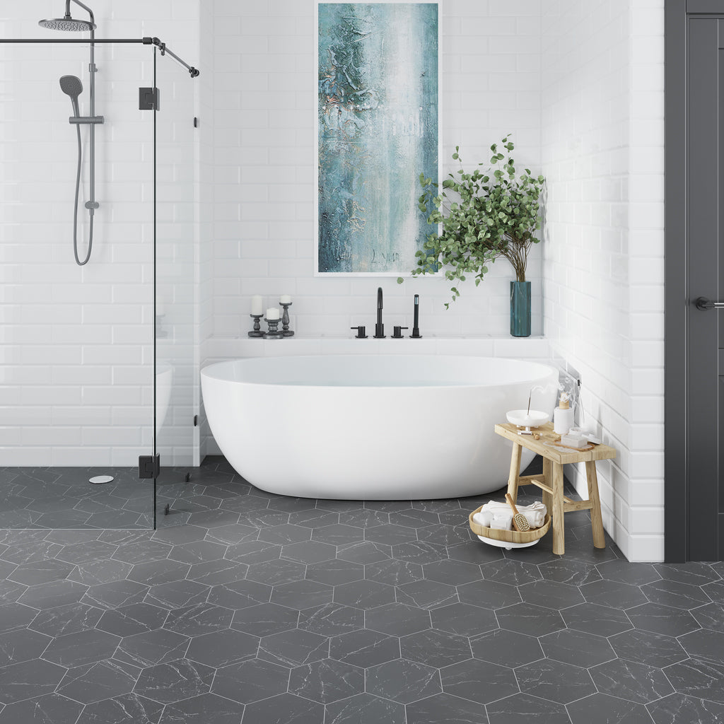 Black 8x9 Matte Hexagon Porcelain Tile (25 pack, 9.93 sq ft/case) - Sample