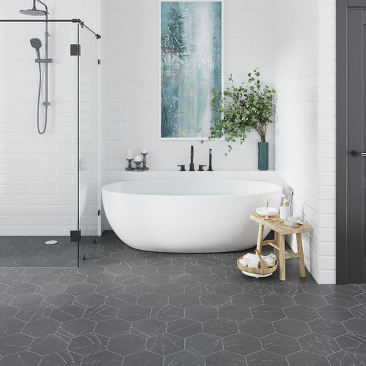 Black 8x9 Matte Hexagon Porcelain Tile (25 pack, 9.93 sq ft/case) - Sample