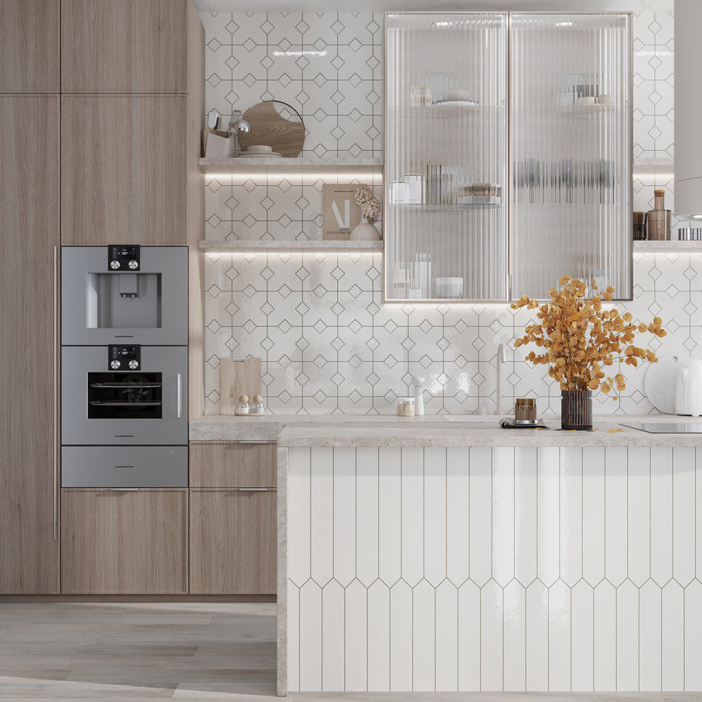 Pearl White 3x19 Glossy Picket Porcelain Tile in a white and warm wood kitchen