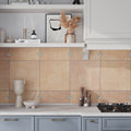 terracotta matte square porcelain tile with diamond accents on kitchen backsplash wall