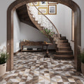 Brown matte square porcelain tile floor with geometric pattern in entryway space