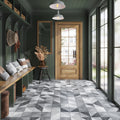 Gray matte 6x6 porcelain tile with geometric woodgrain pattern installed on floor