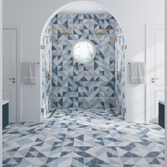 Blue 6x6 matte porcelain square tile with geometric pattern on bathroom shower walls and floor