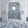 Blue 6x6 matte porcelain square tile with geometric pattern on bathroom shower walls and floor