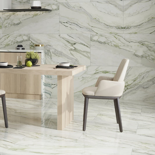 white polished porcelain large format tile with sage green veins 24x48 smooth glossy finish
