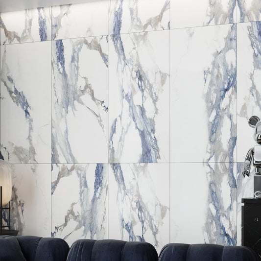 White with Blue-Gray 24x24 Polished Square Porcelain Large Format Tile (4 pack, 15.5 sq ft/case)