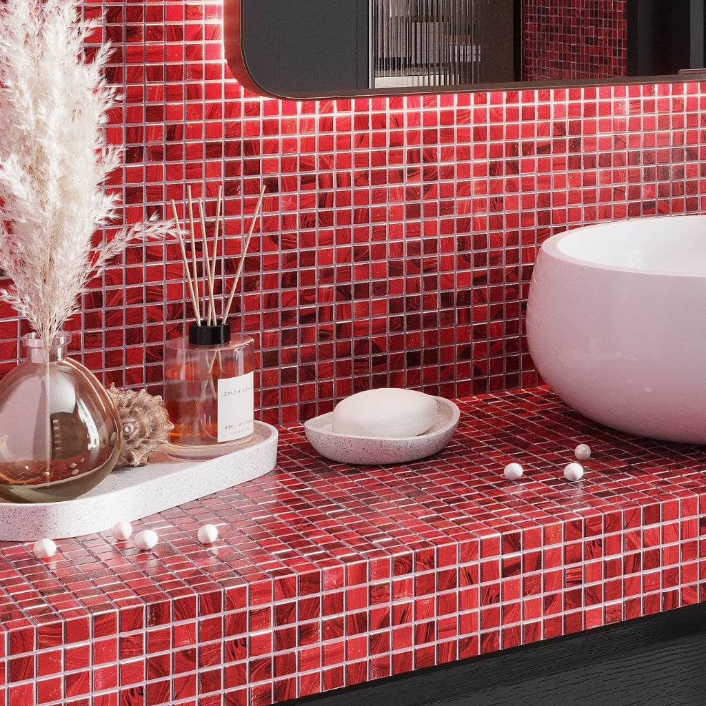 ruby red 12x12 glossy square glass mosaic tile installed on countertop and wall