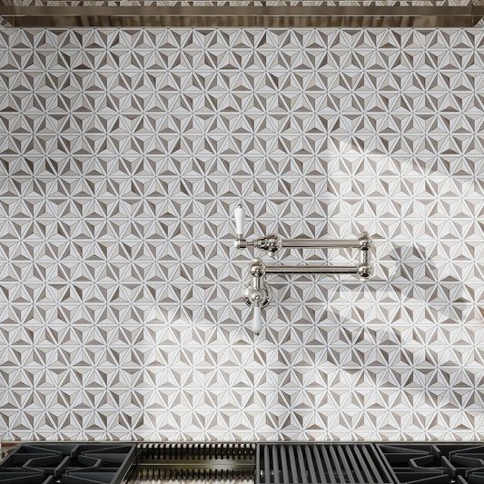 Athens Gray Thassos White polished 12x12 3D pyramid mosaic marble tile backsplash