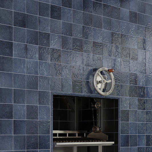 Glossy dark blue 5x5 ceramic subway wall tiles with textured finish