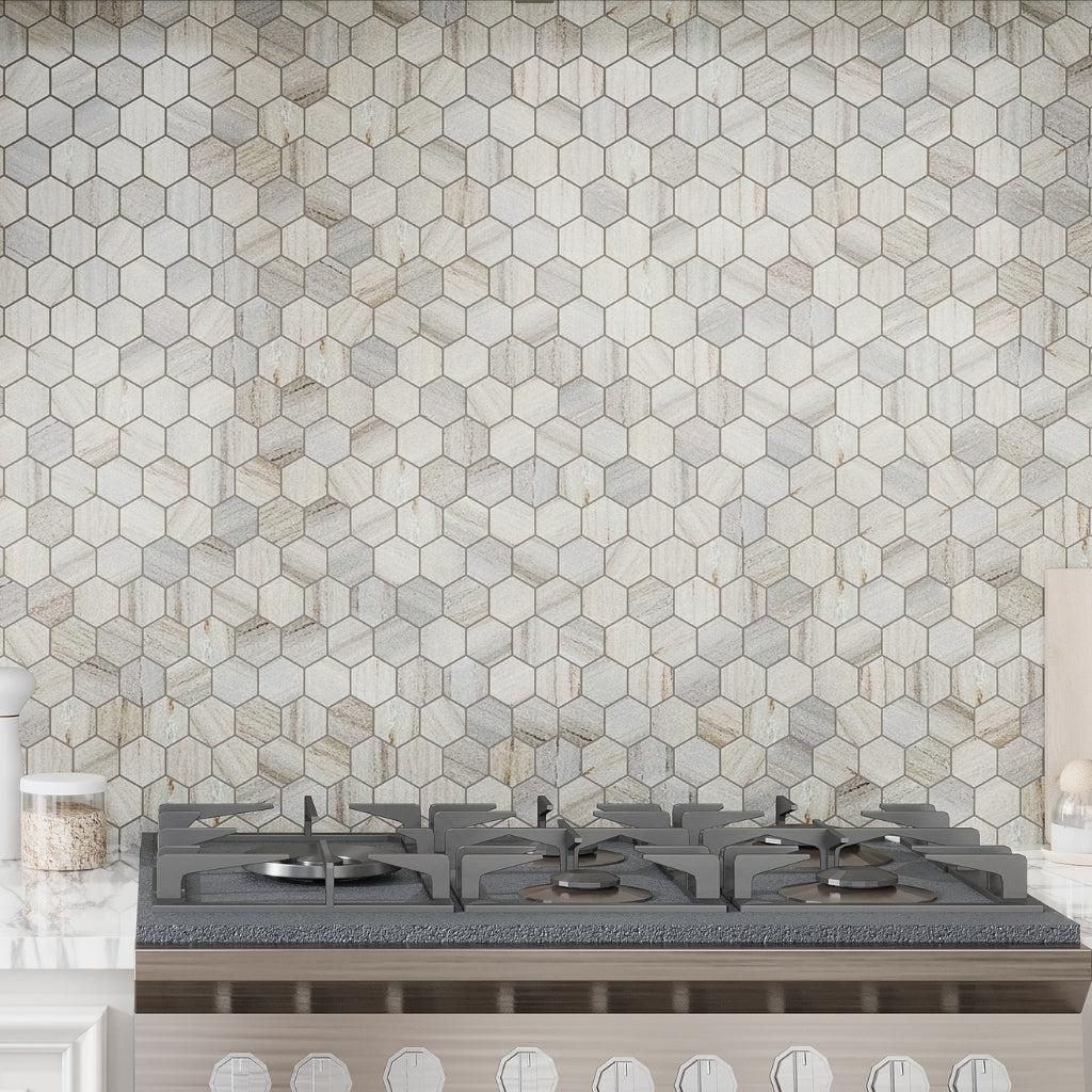 soft white beige polished hexagon crystal sand marble mosaic tile wall with natural grain texture